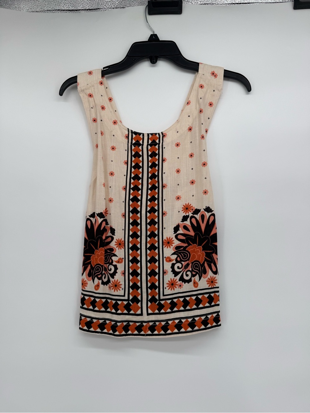 Rose & Olive Boho Cream Tank with Black and Orange Floral Border Criss Cross